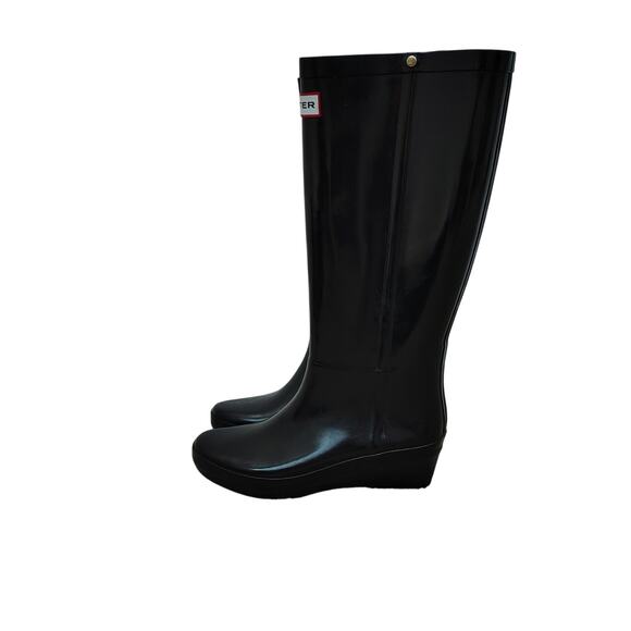 Hunter Women's Size 7 Tall Black Wedge Rubber Rain Boots Arolla W24044 With Bag - Picture 1 of 9